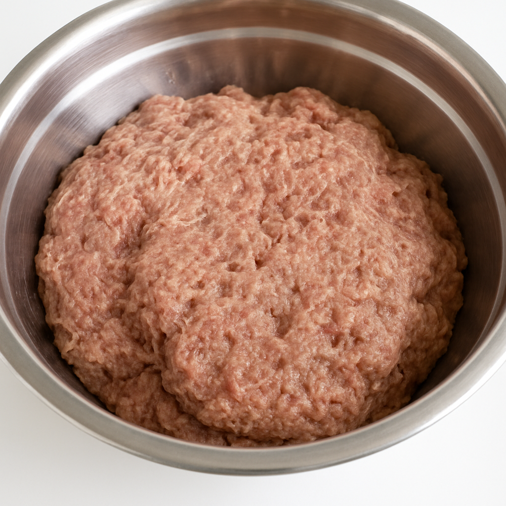 "Närbild på färsk köttbullssmet i rostfri bunke, färdig att formas till klassiska svenska köttbullar.