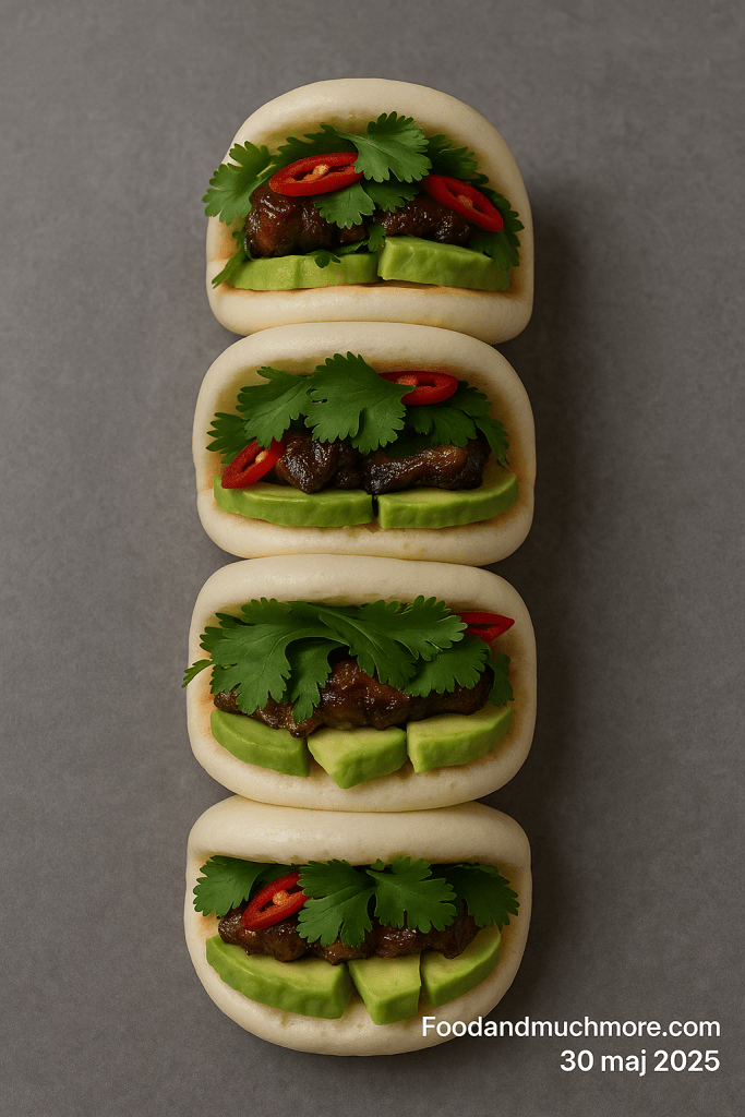 Fluffiga bao buns fyllda med karamelliserat sidfläsk, toppade med picklad rödlök, koriander och sriracha-majonnäs – serverade på asiatisk street food-vis.