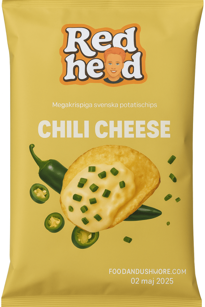 Redhead Chili Cheese chips påse – megakrispiga svenska potatischips med smak av chili och ost.
