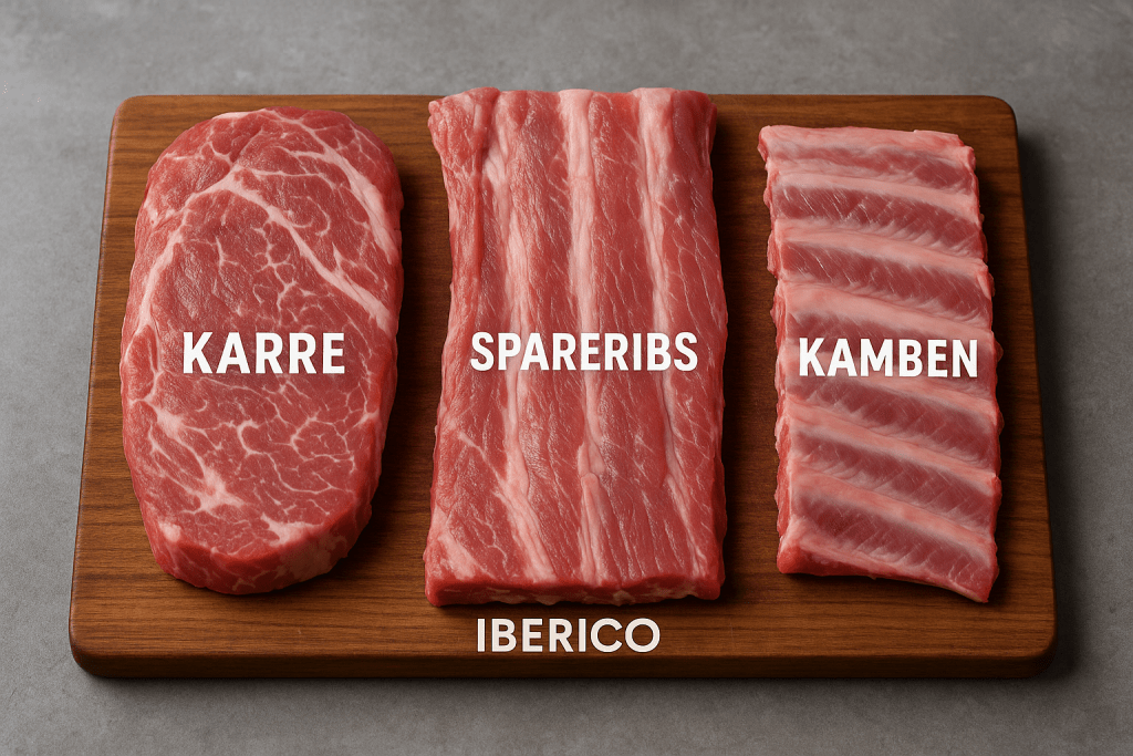 Närbild på tre olika färska Iberico-detaljer – Karre, Spareribs och Kamben – upplagda på en träbräda mot grå bakgrund, tydligt märkta med text.