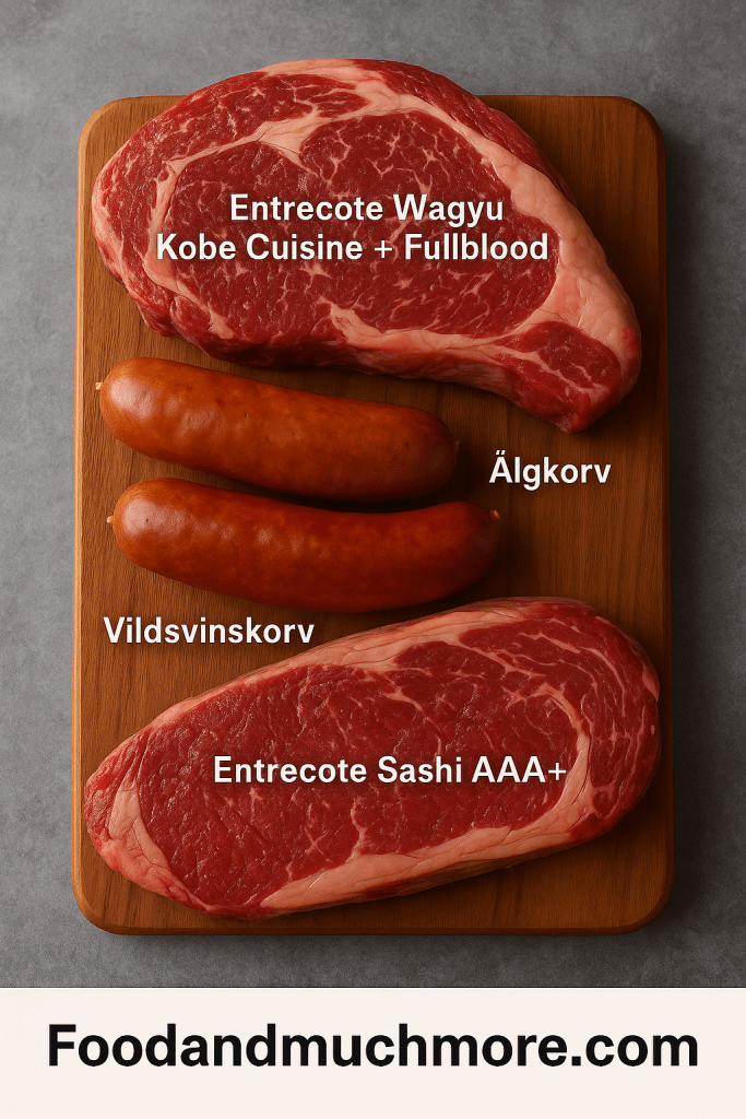 Närbild av fyra stycken delikatesser på träbräda: Entrecôte Wagyu Kobe Cuisine Fullblood, Entrecôte Sashi AAA+, älgkorv och vildsvinskorv, uppställda mot grå bakgrund med text och logotypen Foodandmuchmore.com.