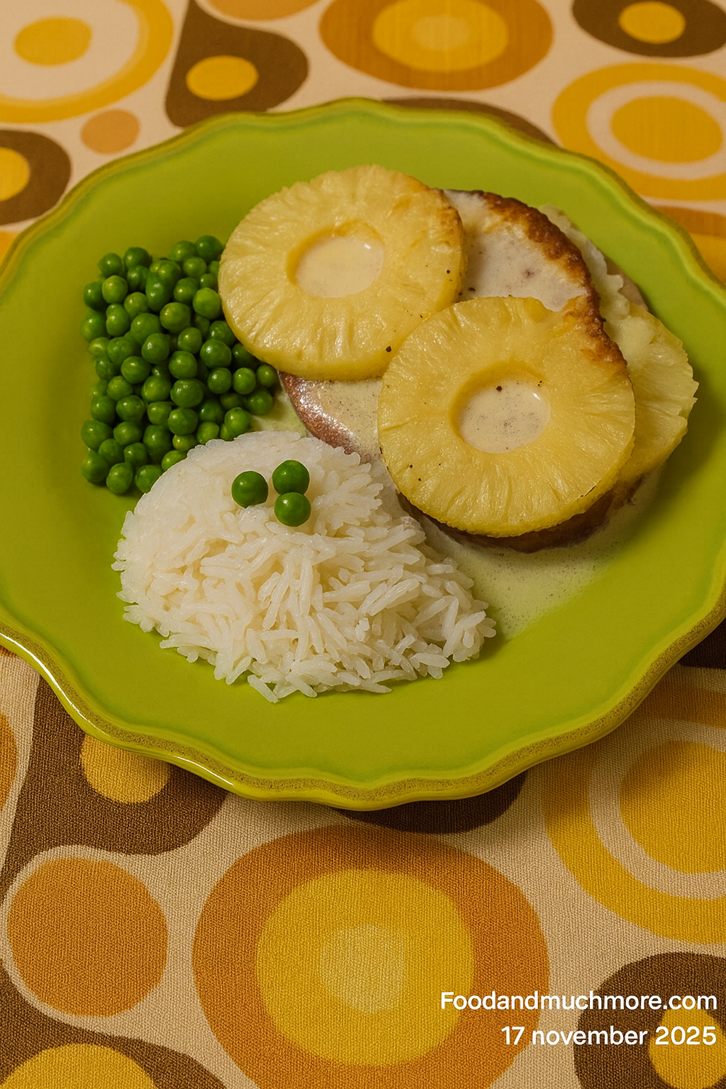 Kassler med ananas i ugn serverad med ris och Àrtor