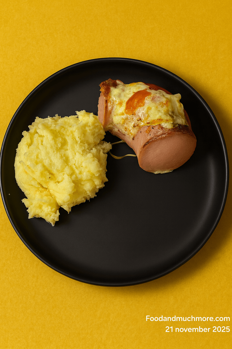 Falukorv i ugn med tomatsås och smält ost serverad i ugnsform