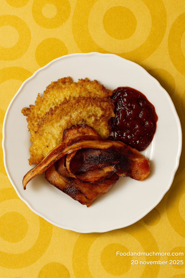 Raggmunk med stekt fläsk och lingonsylt på tallrik – klassisk svensk husmanskost