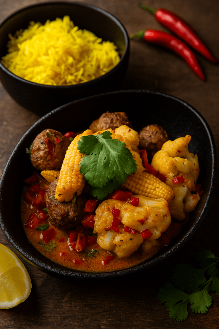 Lammkofta med grönsaker och indiska kryddor serverad med lime och örter