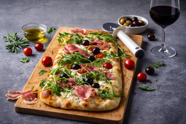 Pinsa Romana med prosciutto crudo, rucola och parmesan på krispig botten