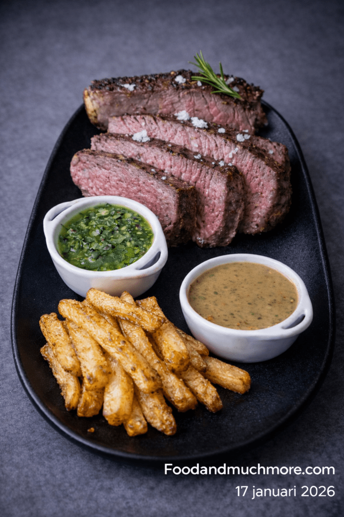 Entrecôte på ben serverad med chimichurri med miso och grönpepparsås
