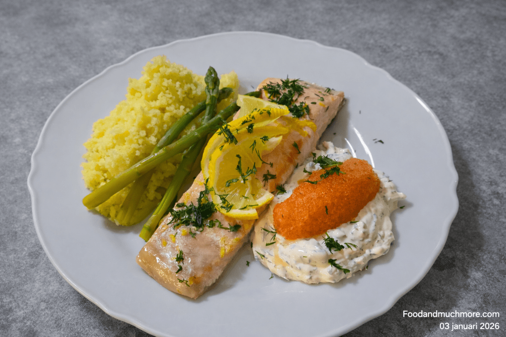 Smörbakad lax med citron och vitt vin serverad med romsås