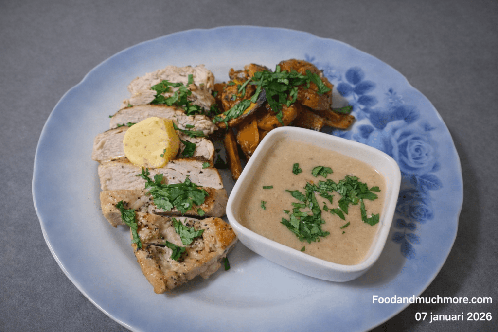 Kycklingbröst serverat med citrongräs-smör, kokosgräddsås och rostad sötpotatis