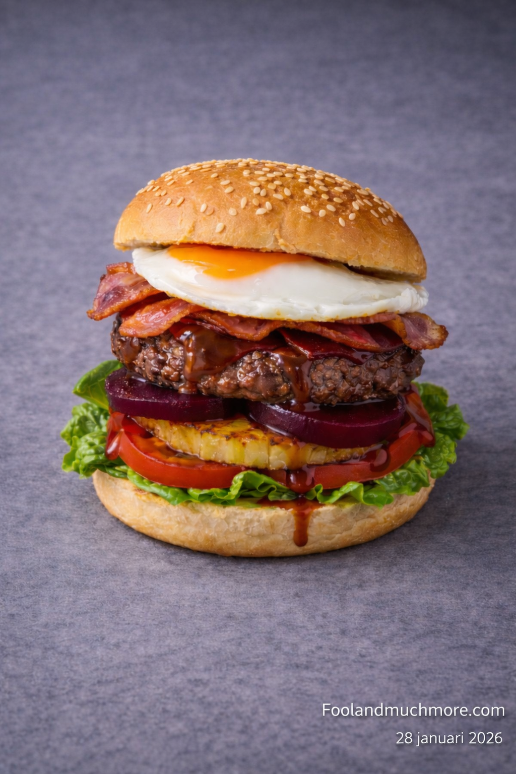 Aussie Burger with the Lot med bacon, ägg, rödbeta och ananas