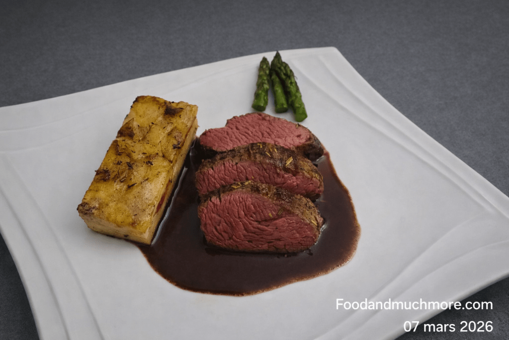 Tender Strip med tryffelpotatisterrin, sparris och rödvinssky