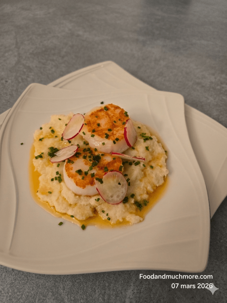 Sotade pilgrimsmusslor serverade med blomkålspuré, rädisor och gräslök