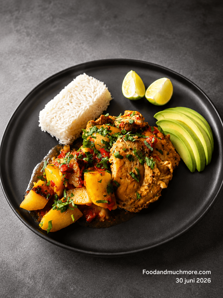 Autentisk colombiansk Pollo Sudado med saftiga kycklingöverlår, potatis i smakrik tomatsås, jasminris, färsk koriander, avokado och lime serverad på svart tallrik.